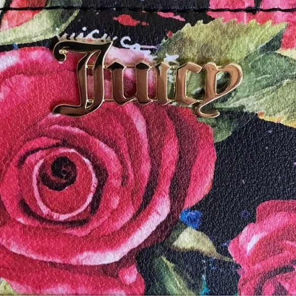Juicy Couture‎ Wallet Off The Chain Large Zip Around Black Multi Rose Print NWT - Picture 8 of 10